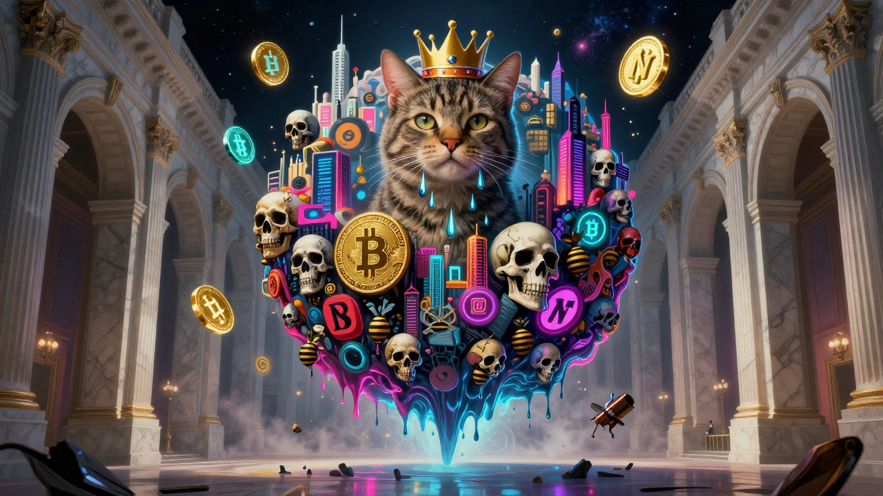 A massive floating collage of Beeple's surreal digital images with NFT tokens and Christie’s auction house in the distance.