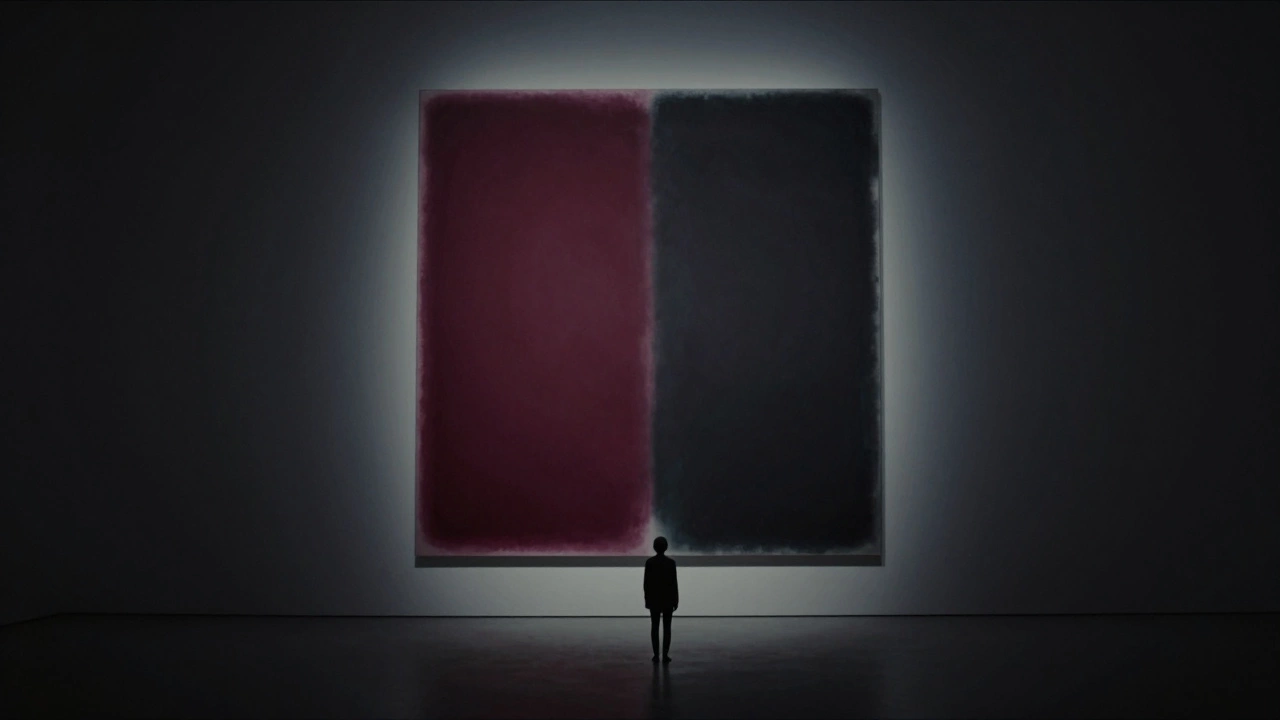 A solitary figure standing before a large, glowing abstract painting of deep red and black rectangles.