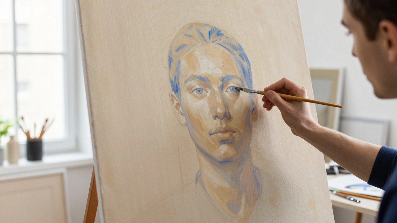 An artist painting an underpainting on canvas, applying a neutral wash across the entire surface.