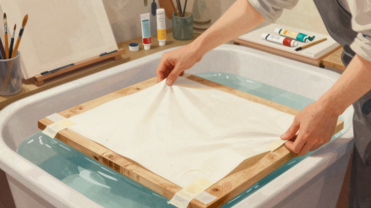 An artist stretching watercolor paper on a wooden board using gummed tape, with water soaking the sheet.