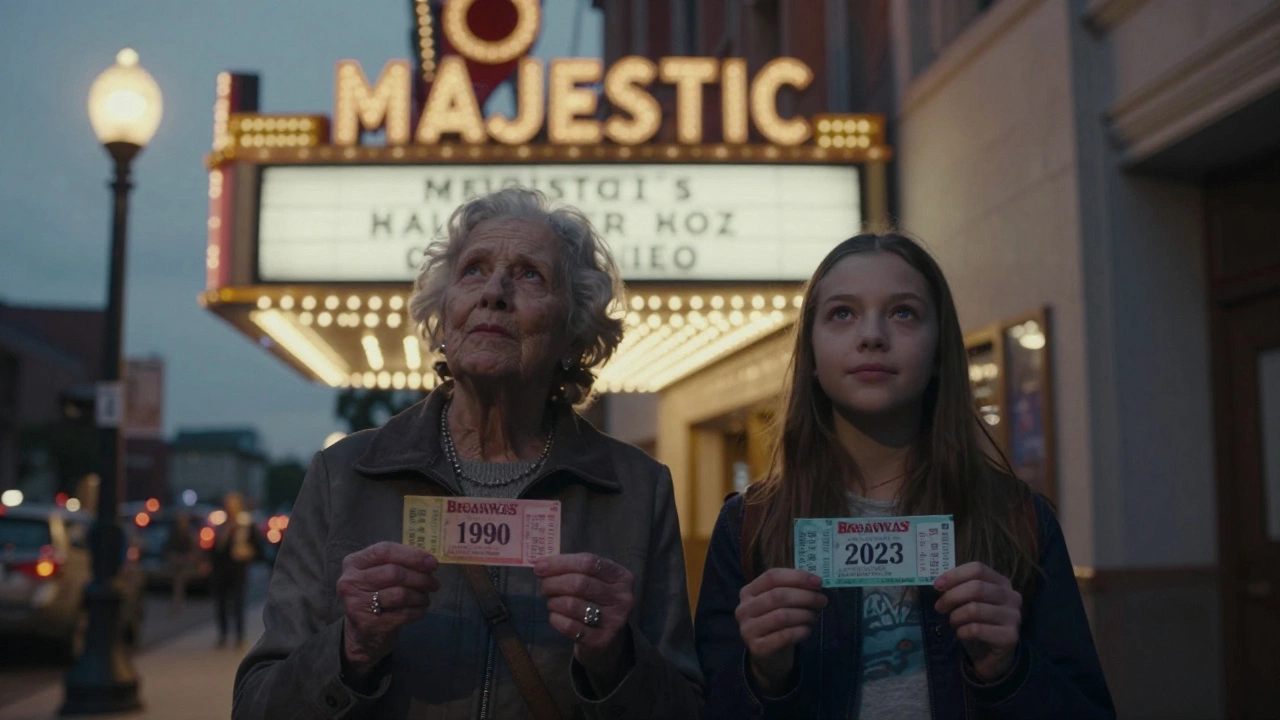 An elderly woman and young girl holding old and new Phantom of the Opera tickets outside the theatre at dusk.