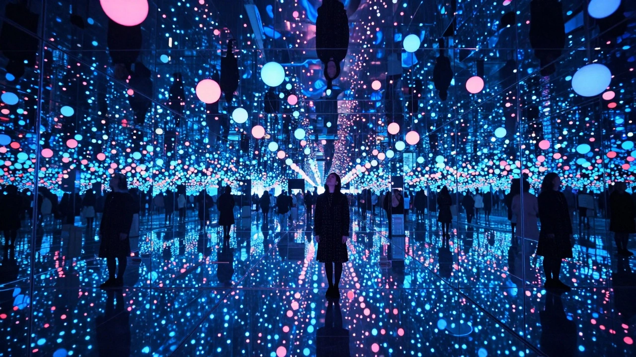 An infinity mirror room with glowing polka dots, a solitary figure lost in endless reflections.