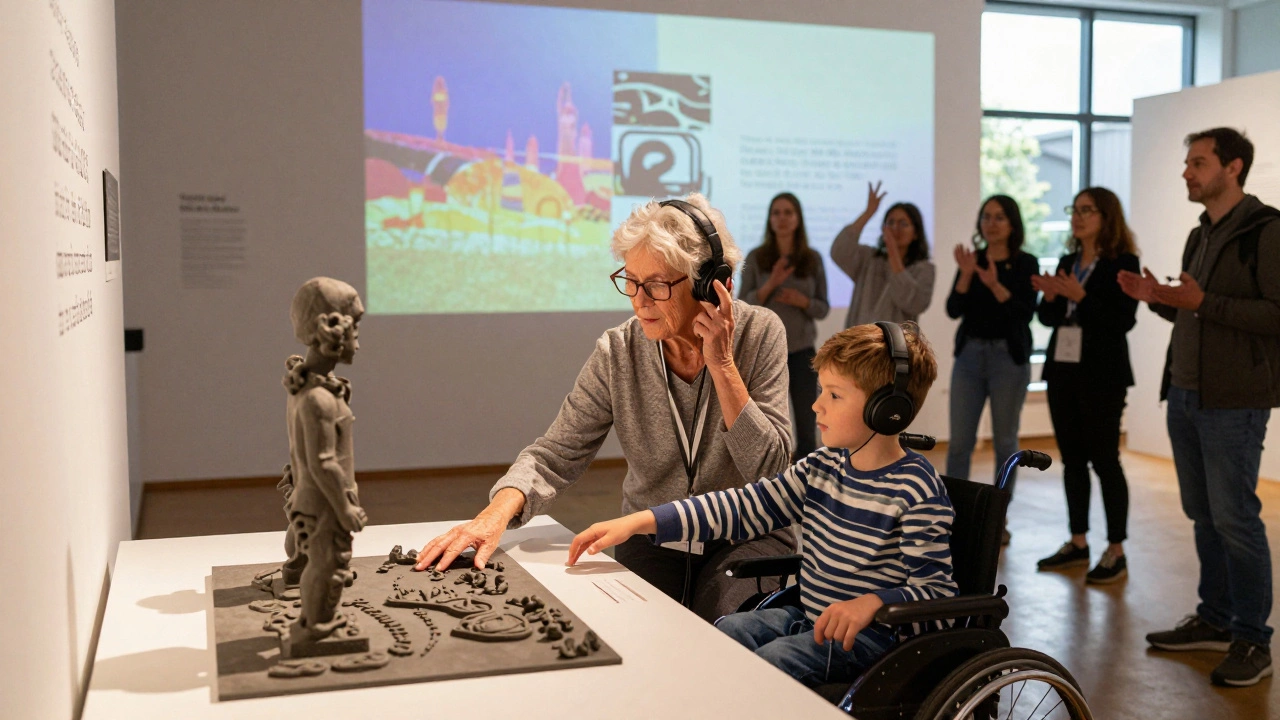 Diverse visitors engaging with an inclusive art exhibition using tactile models, audio guides, and sign language.