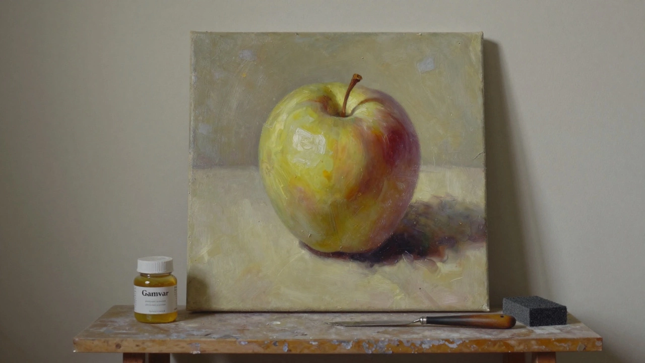 Finished still life of an apple with glazing depth, varnish jar and tools on shelf beside it.