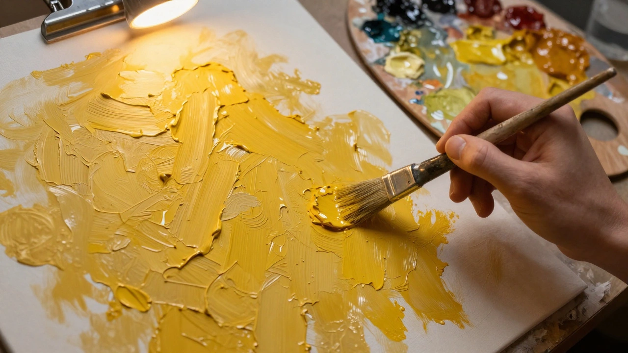 Hand painting thick oil stroke over dried layer, visible texture and layered pigments on palette.