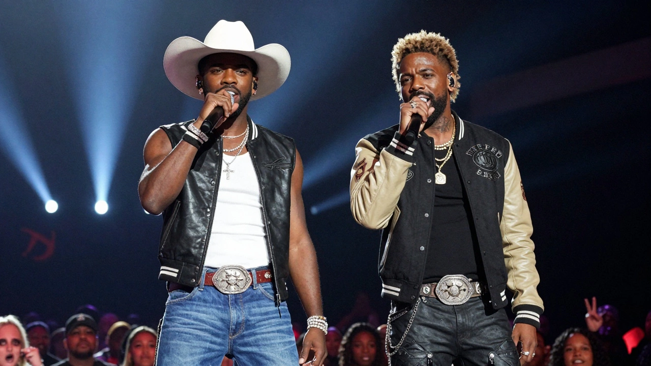 Lil Nas X and Billy Ray Cyrus performing blended country-hip-hop style