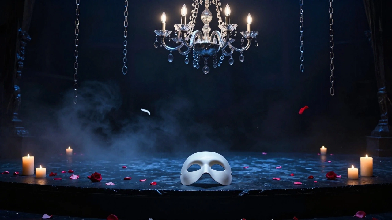 The Phantom's mask resting on a dark lake stage, surrounded by floating candles and rose petals.