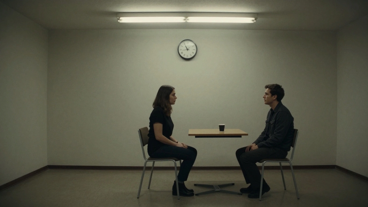 Two people sitting silently across from each other in a bare room, locked in intense eye contact.