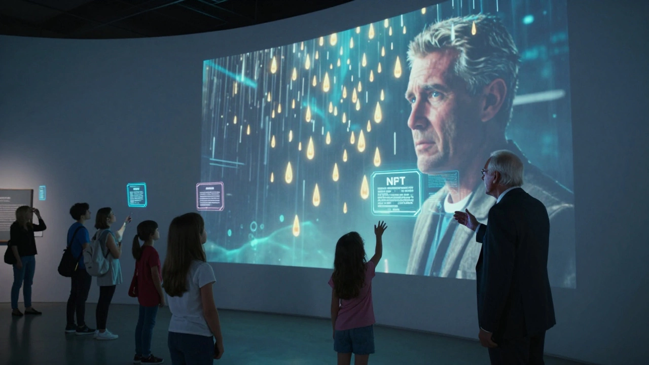 Visitors in awe before Beeple's NFT artwork projected in the Smithsonian, a girl reaching toward glowing Bitcoin raindrops.