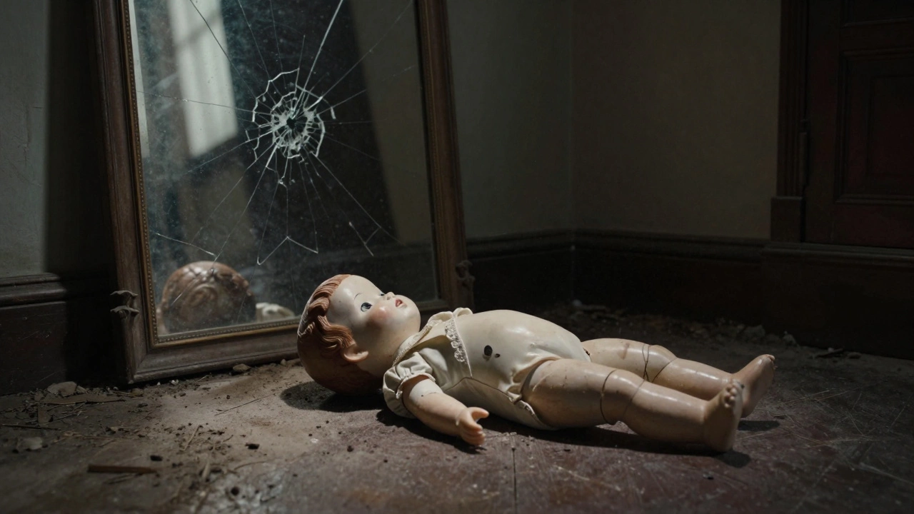 A broken porcelain doll on a dusty floor beside a cracked mirror reflecting a faint silhouette.