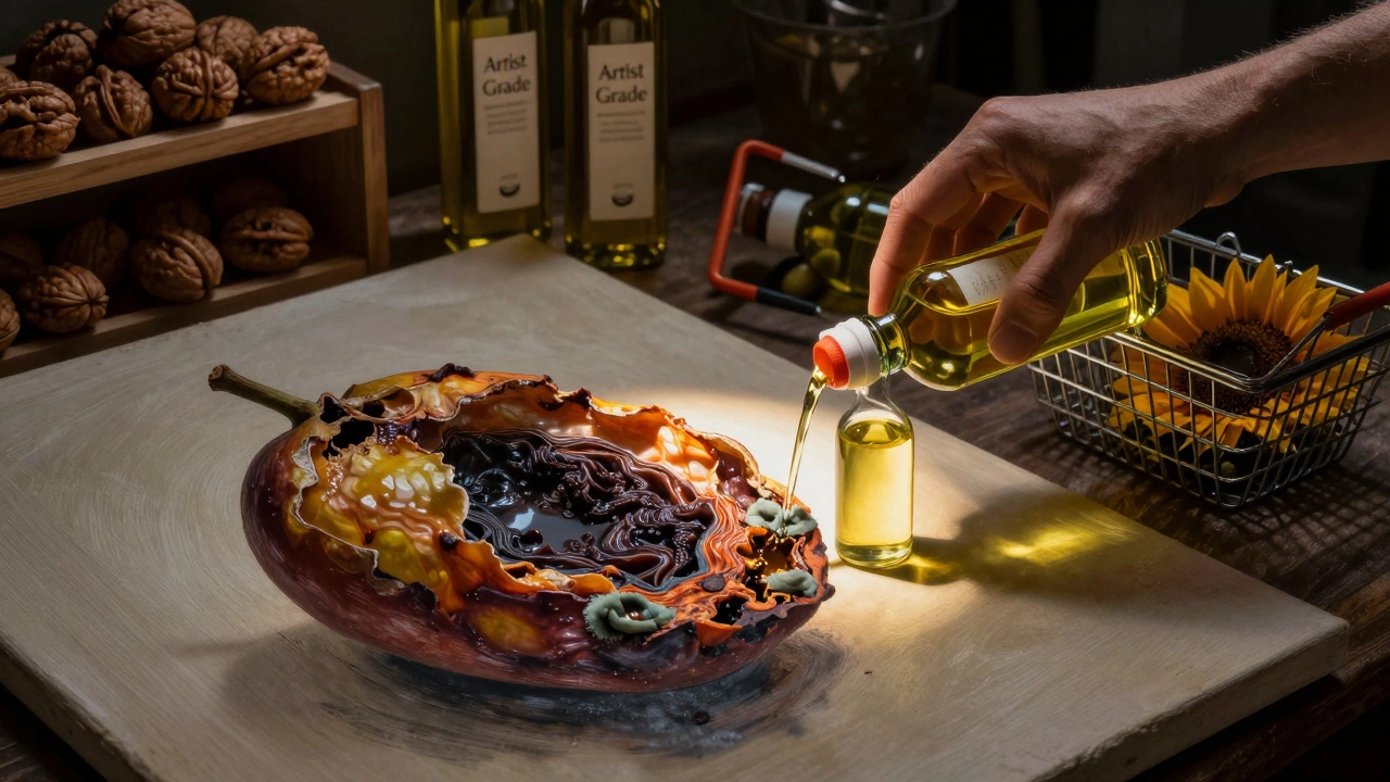A canvas decaying like rotting fruit while linseed oil is carefully applied, with artist-grade oils on shelves behind.
