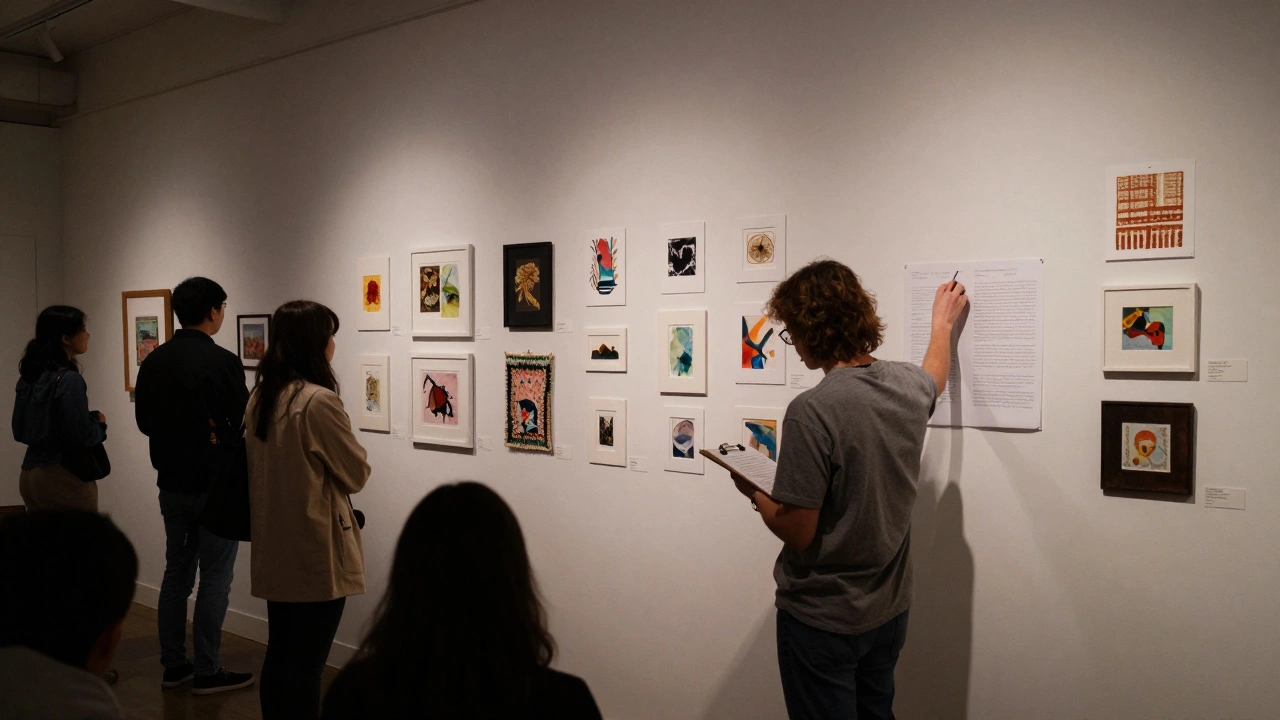 A community arts center wall displaying small artworks under soft lighting as a curator reviews applications.
