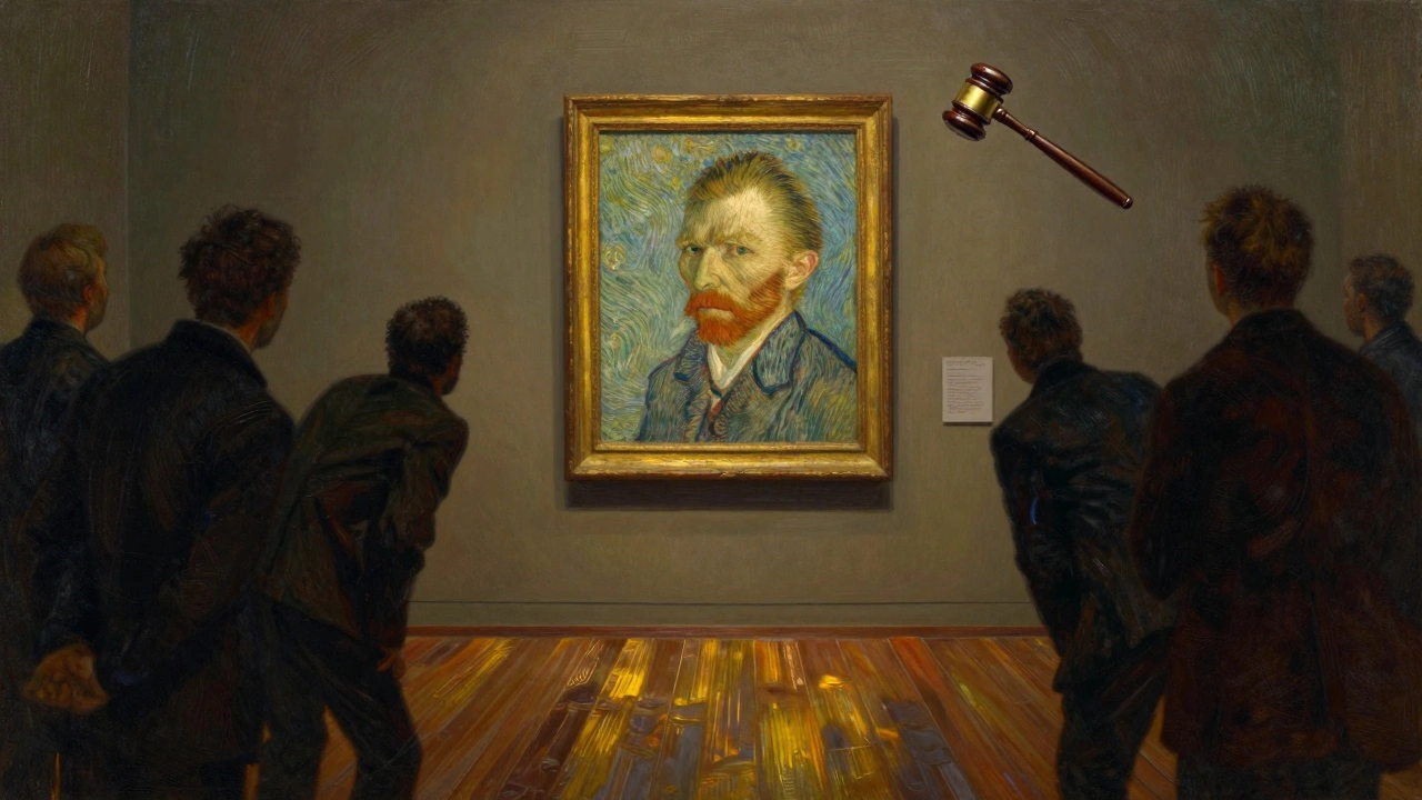 A dramatic auction scene at Christie’s with Van Gogh’s self-portrait illuminated under a spotlight, shadowed bidders surrounding it.