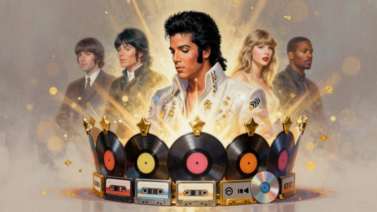 A glowing crown made of music formats, with Elvis Presley at its center, surrounded by faint outlines of other iconic artists.
