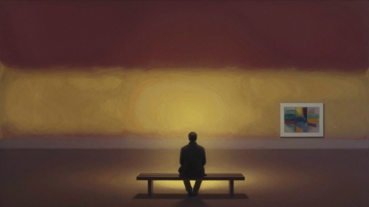 A glowing Rothko-style painting in quiet contemplation beside a lifeless corporate abstract print.