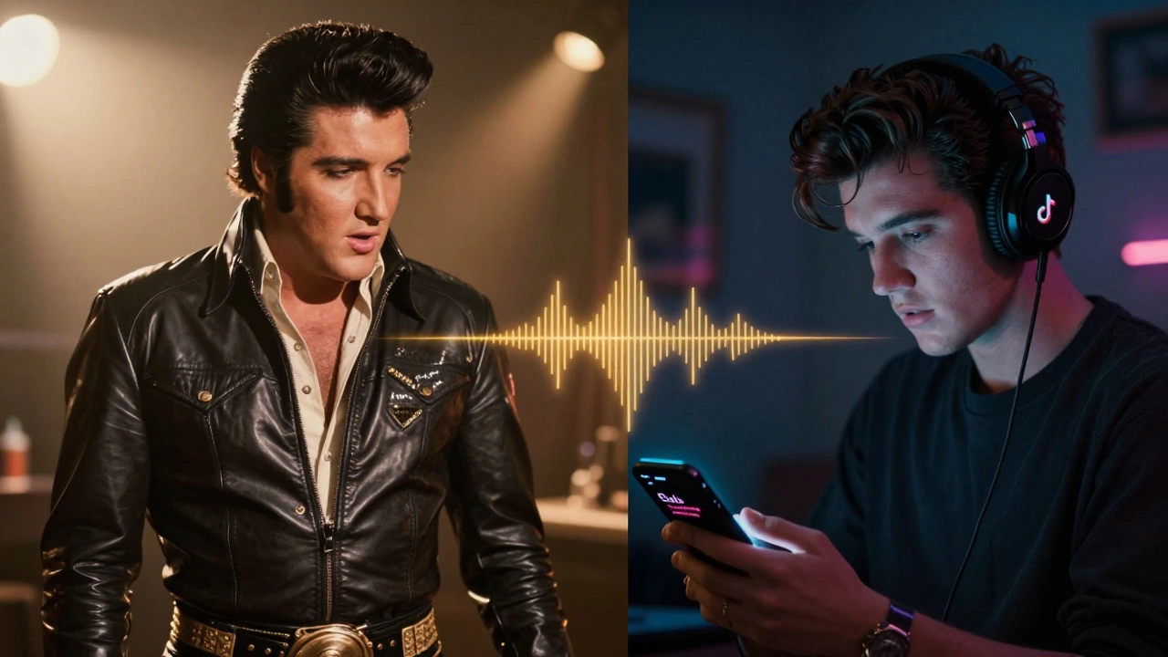 A modern listener wearing headphones with a TikTok screen showing Elvis trending, beside a vintage photo of Elvis in his 1968 comeback special.