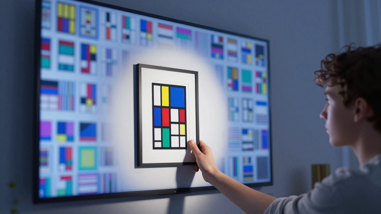 A person hanging a Mondrian print on a wall as AI-generated abstract patterns fade away in the background, symbolizing authentic art's lasting value.