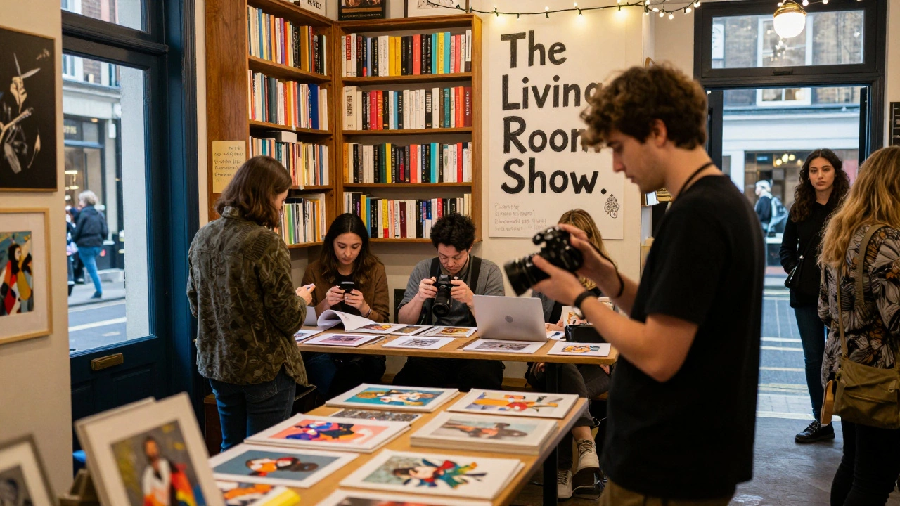 A pop-up art show in a bookstore with art displayed on shelves and visitors viewing the pieces warmly lit by fairy lights.