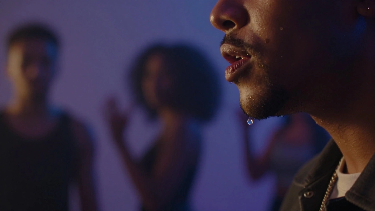 A single droplet hangs in midair between parted lips during a slow musical note, bathed in moody, cinematic light.