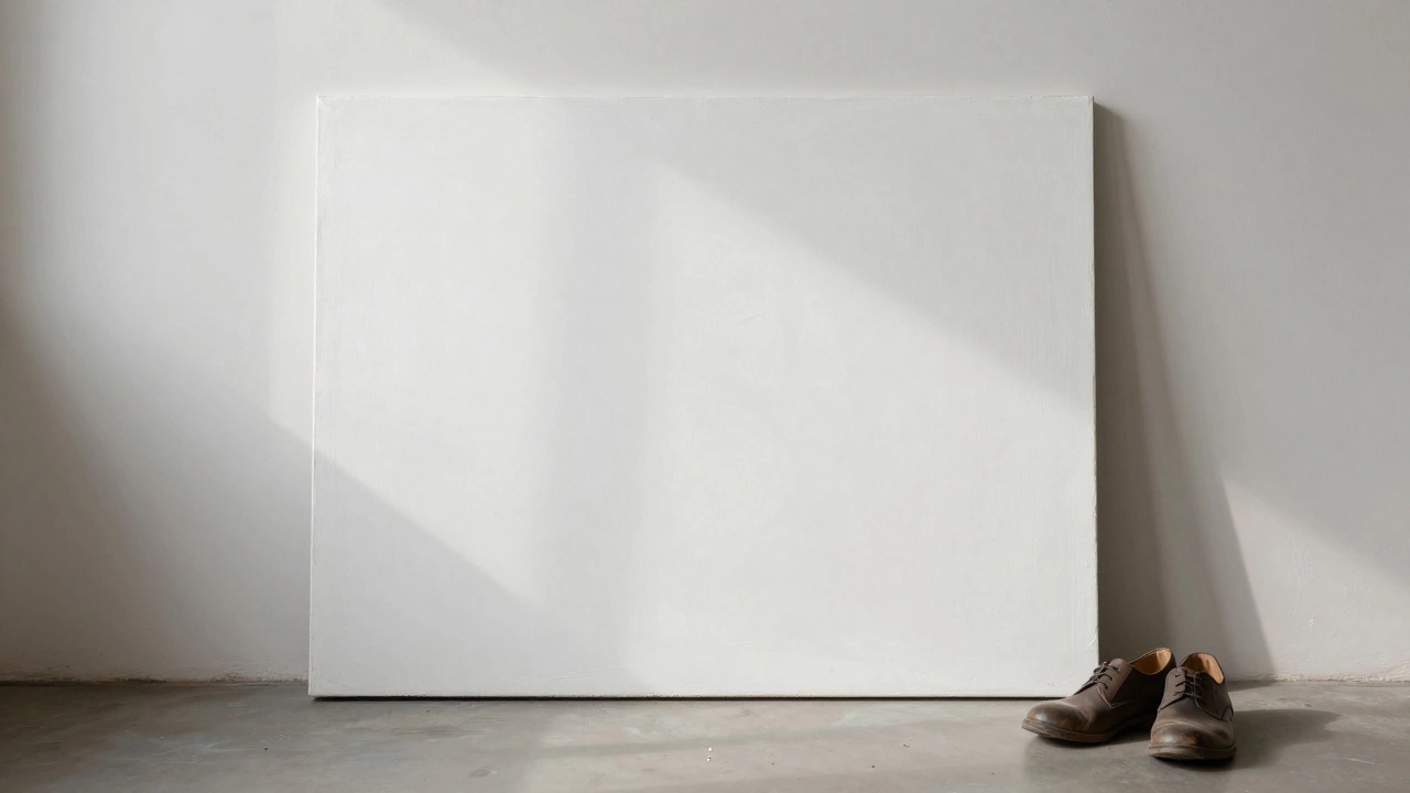 A white canvas with subtle texture, lit by soft sunlight, with worn shoes nearby on the floor.