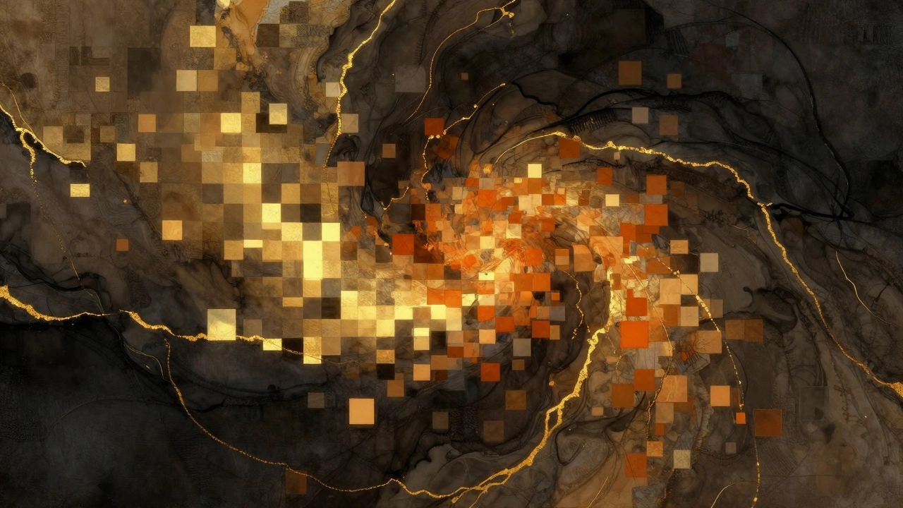 Abstract blend of glowing pixels and organic ink strokes