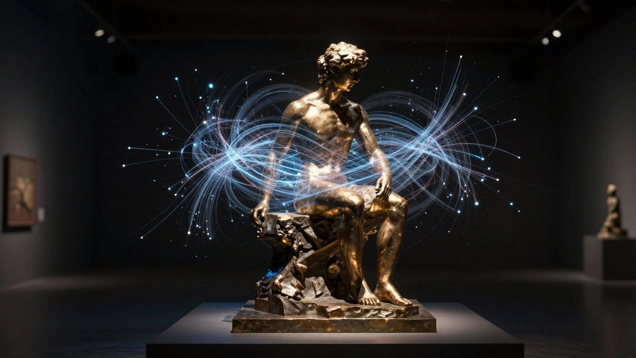 Bronze sculpture surrounded by glowing digital particle effects.