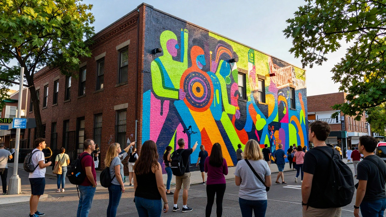 Crowd gathering around a colorful mural on a city building wall.