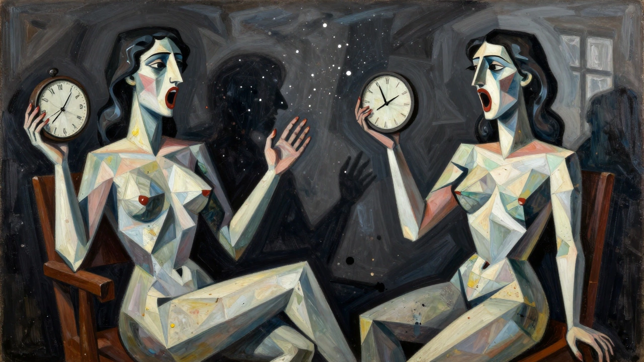 Distorted figures in a chaotic studio, painted with sharp angles and flying splatters of color.