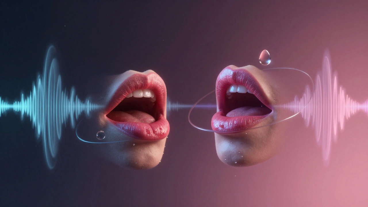 Floating lips and a glistening droplet orbit each other amid swirling soundwaves, symbolizing the sensory connection between music and touch.