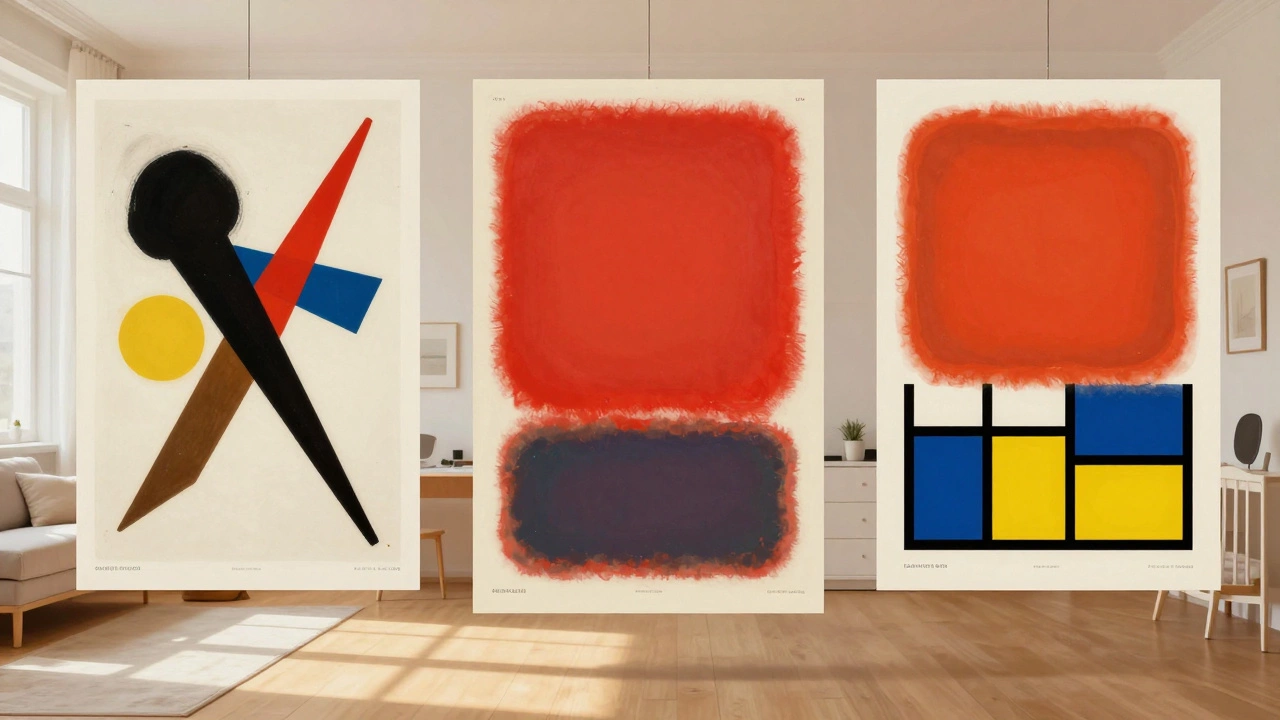 Iconic abstract artworks by Kandinsky, Rothko, and Mondrian featured in everyday home and office settings under warm golden light.