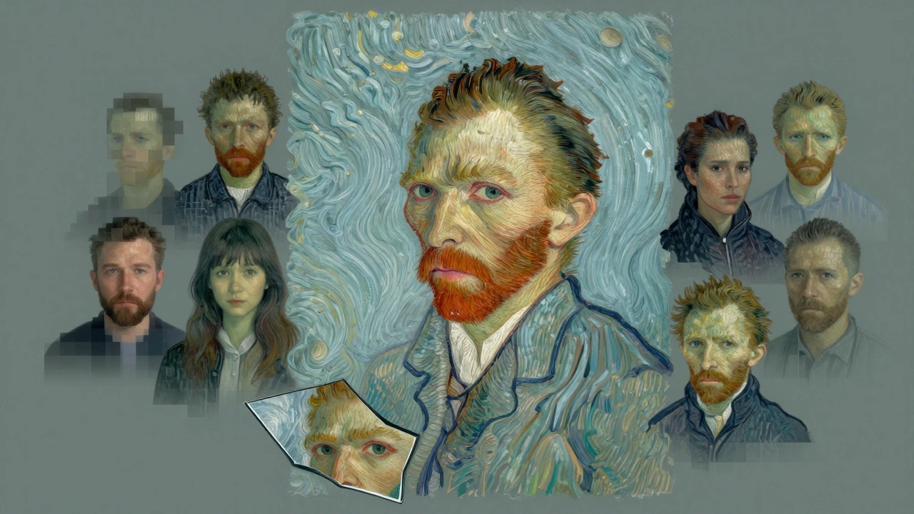 Van Gogh’s self-portrait contrasted with floating digital avatars, symbolizing human authenticity versus artificial replication.