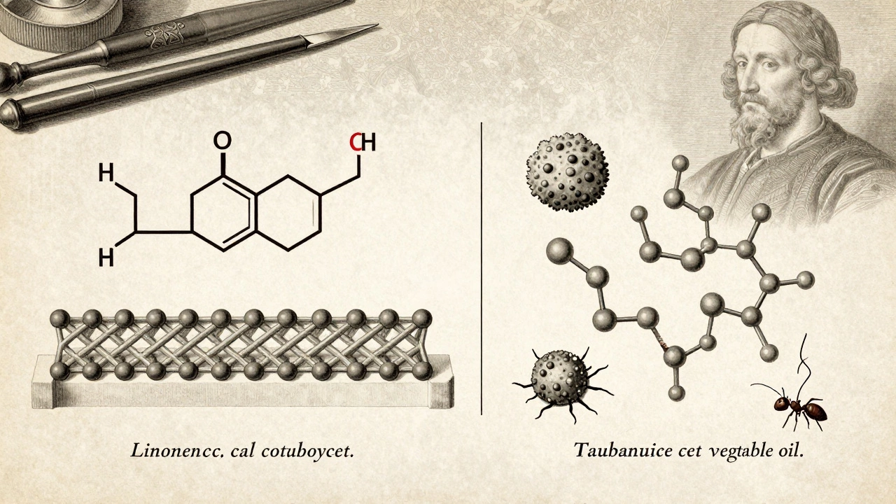 Vintage scientific illustration comparing linseed oil polymerization with unstable vegetable oil, showing mold, cracks, and ants.