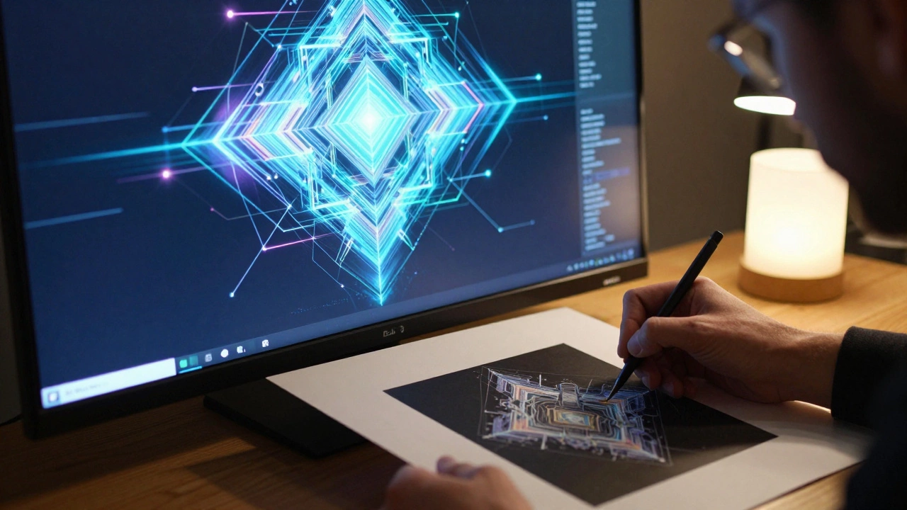 A digital generative artwork on a screen next to a signed limited edition print.