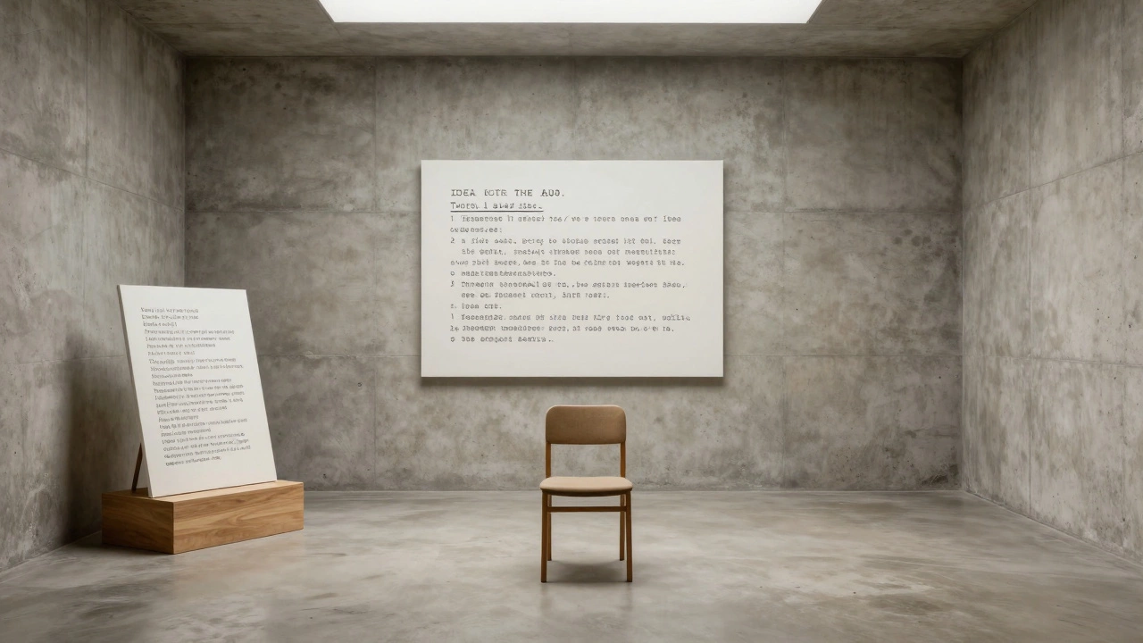 A minimalist gallery room with a single chair and a set of instructions on a plinth.