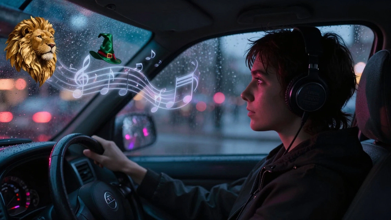 A person listening to music in a car during a rainy night with ethereal theater symbols.