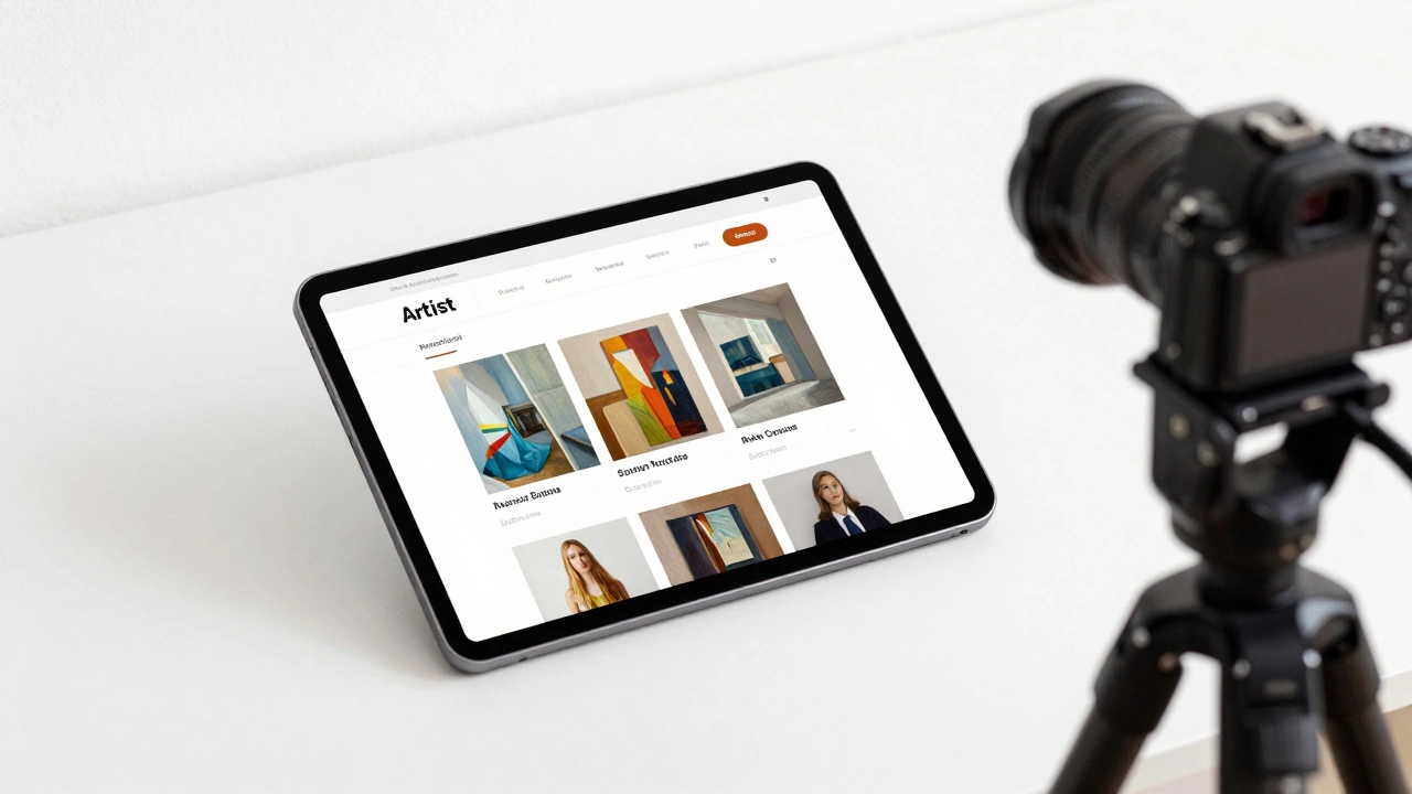 A professional camera and tablet showing a clean artist portfolio website
