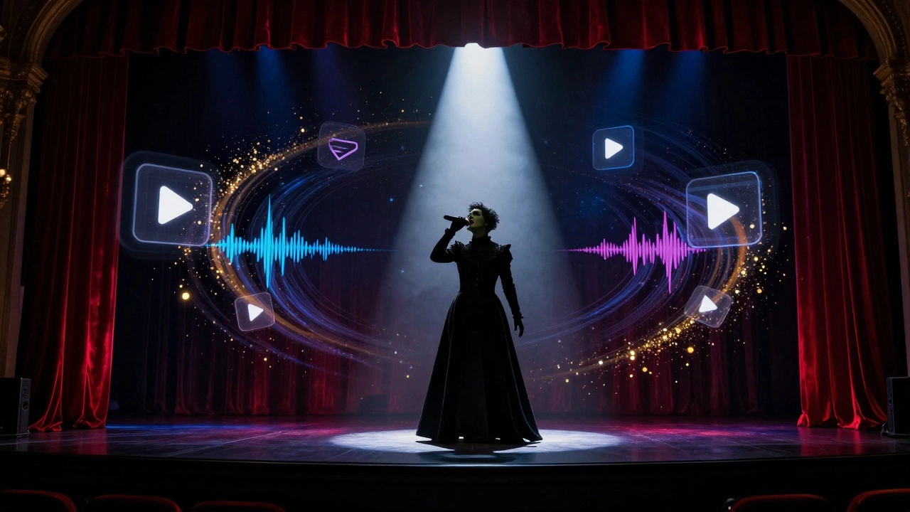 A singer on a theater stage surrounded by digital audio waveforms and play buttons.
