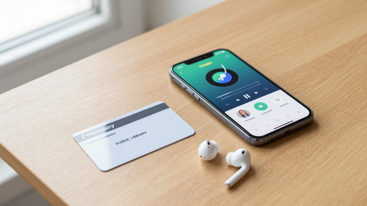 A smartphone, wireless earbuds, and a library card resting on a wooden table.