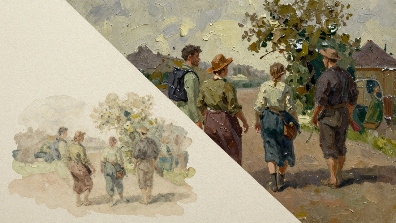 A split composition comparing a flat watercolor wash to a thick, textured oil painting.