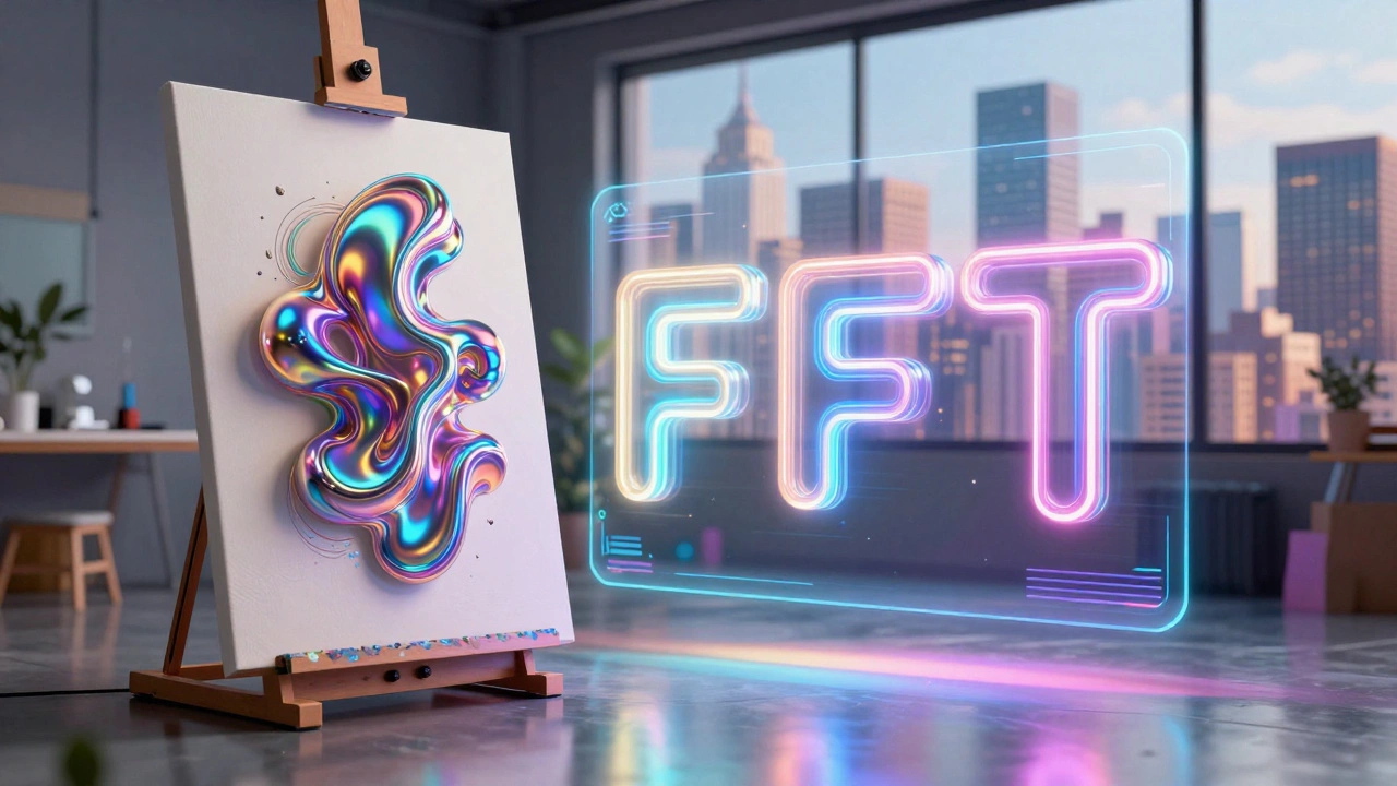 A studio featuring a physical canvas and a shimmering 3D holographic digital sculpture.