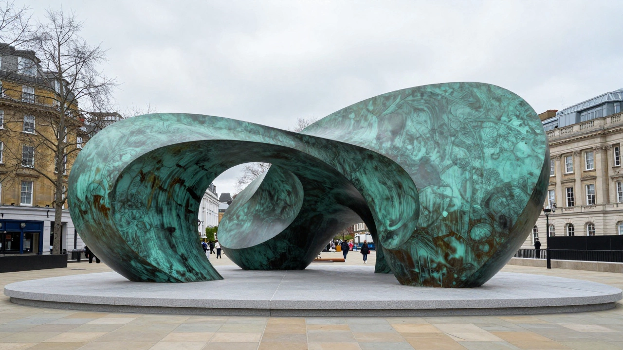 Abstract bronze sculpture with green patina standing in a modern urban public plaza.