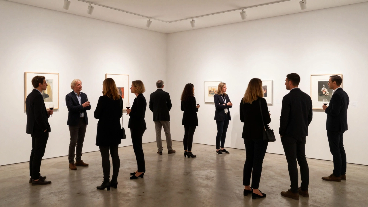 An elegant gallery opening night with guests viewing artwork on white walls