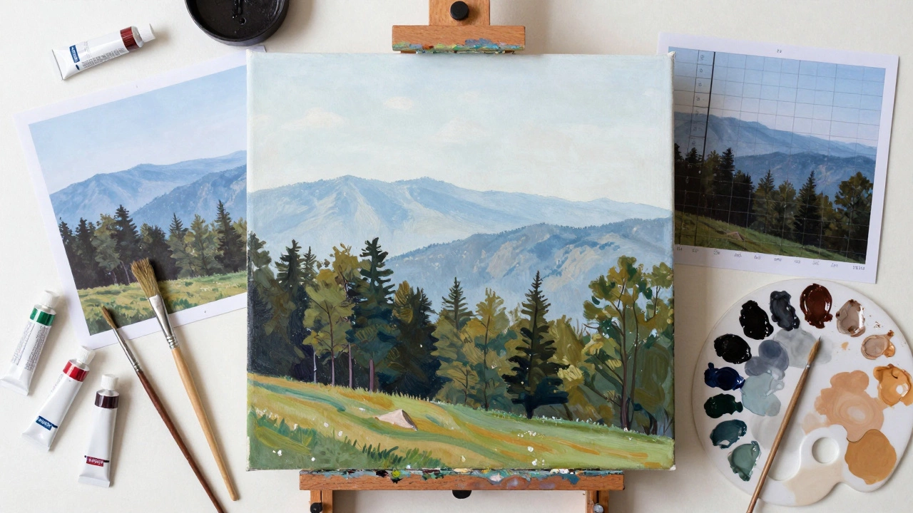 Artist's workspace with a gridded reference photo and a landscape painting in progress.