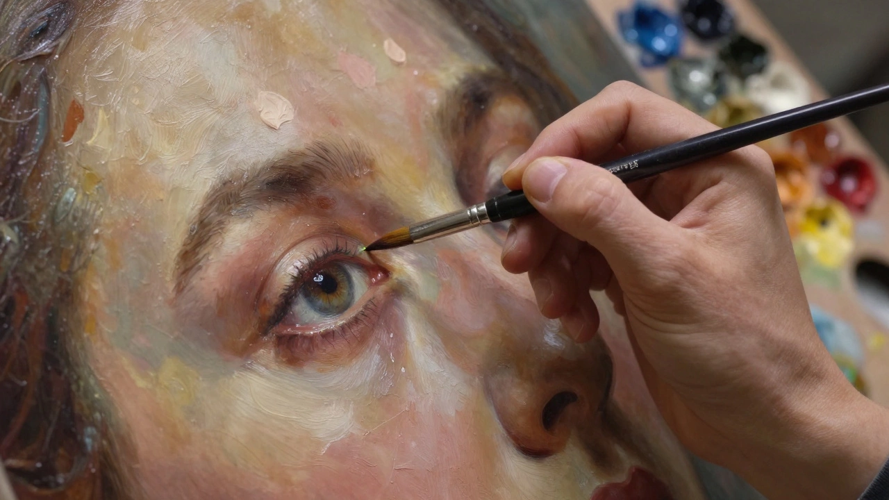 Close-up of a paintbrush adding a precise detail to a realistic eye painting.