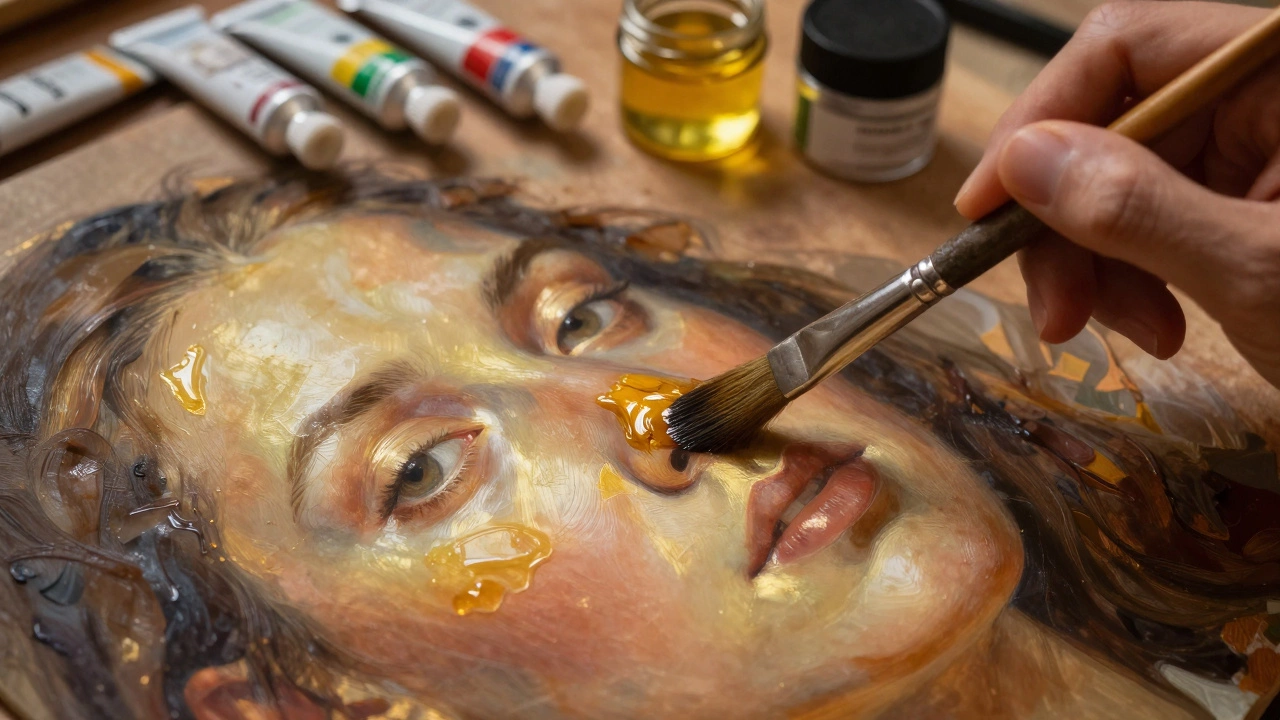 Close-up of a paintbrush applying a translucent oil glaze to a portrait