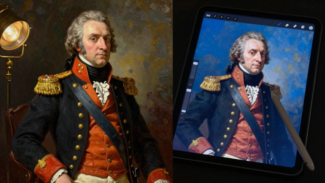Comparison between a traditional oil painting and a digital portrait