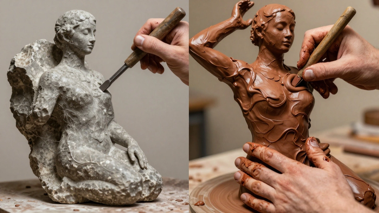 Comparison of a stone sculpture being carved and a terracotta clay figure being molded by hand.