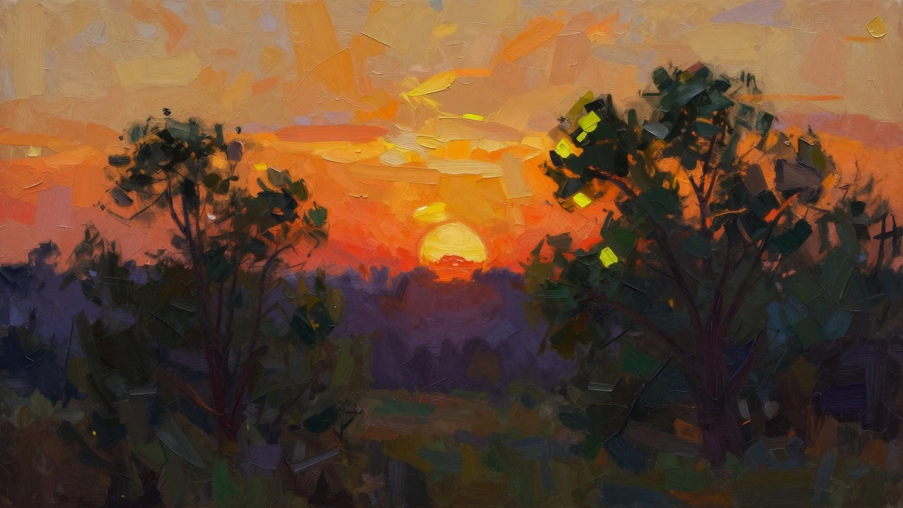 Digital oil painting of a landscape at sunset with textured brushstrokes and golden light.
