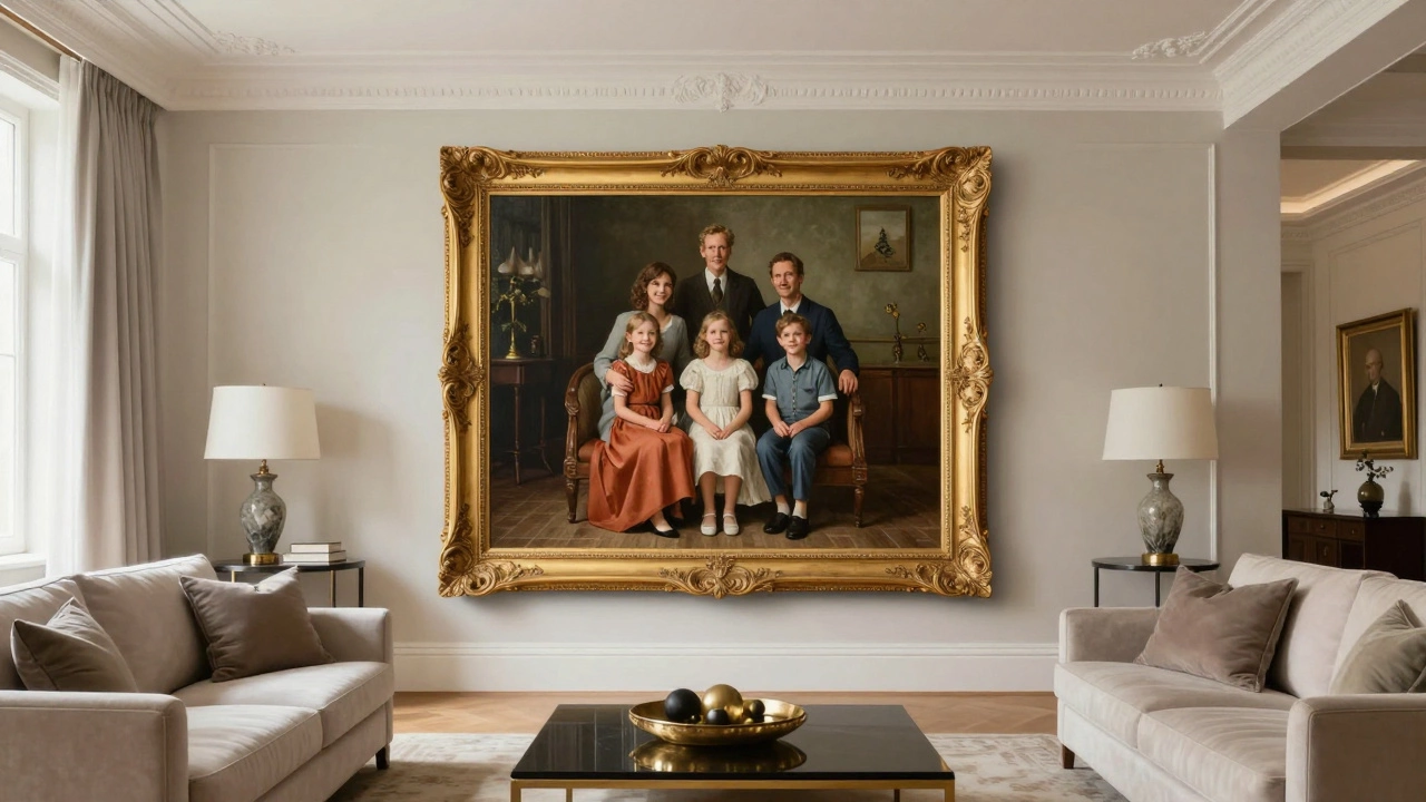 Large framed realistic family portrait hanging in a luxurious living room.