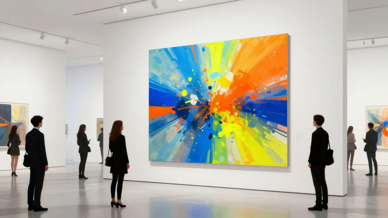 People viewing a large, colorful abstract painting in a white modern art gallery.